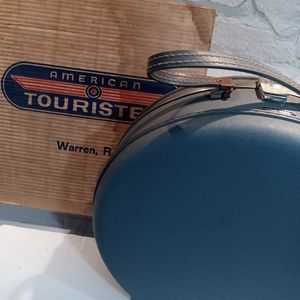 Blue Vintage American Tourister Round Tri-Taper Hat Box Suitcase
